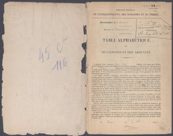 Table des successions et absences du bureau d'Amiens