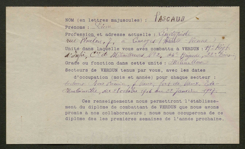Témoignage de Pascaud, Pierre (Mitrailleur) et correspondance avec Jacques Péricard
