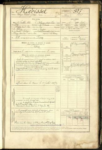 Hérisset, Palmyr Bénoit Joseph, né le 06 juillet 1861 à Blangy-sous-Poix (Somme, France), classe 1881, matricule n° 927, Bureau de recrutement d'Amiens