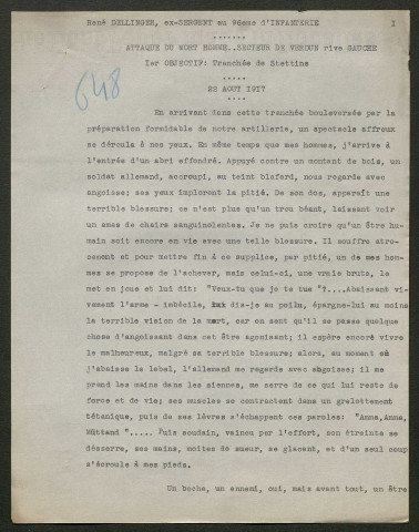 Témoignage de Dellinger, René (Sergent) et correspondance avec Jacques Péricard