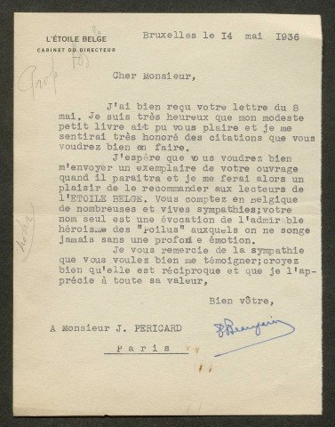 Témoignage de Bacquet, Jean et correspondance avec Jacques Péricard