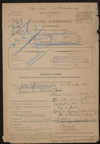 Etricourt-Manancourt. Demande d'indemnisation des dommages de guerre : dossier Fourdrinois-de Sutter