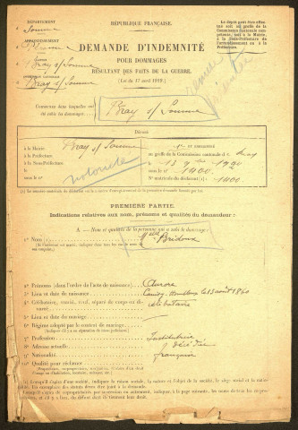 Bray-sur-Somme. Demande d'indemnisation des dommages de guerre : dossier Bridoux