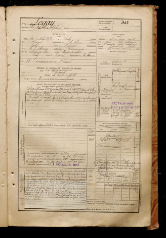 Legay, Elie Aimable Alphonse, né le 20 octobre 1872 à Vrély (Somme), classe 1892, matricule n° 341, Bureau de recrutement de Péronne