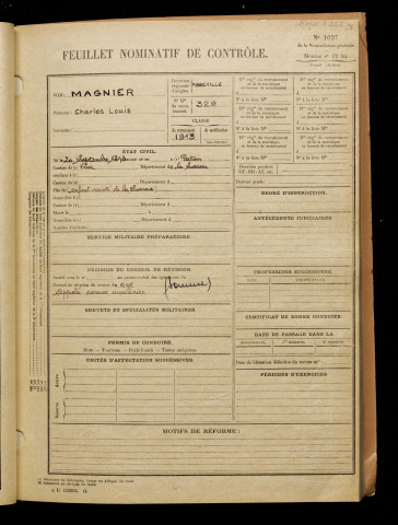 Magnier, Charles Louis, né le 20 septembre 1893 à Pertain (Somme), classe 1913, matricule n° 329, Bureau de recrutement d'Abbeville