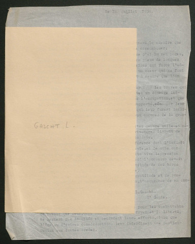 Témoignage de Gasht, L. (Lieutenant colonel) et correspondance avec Jacques Péricard