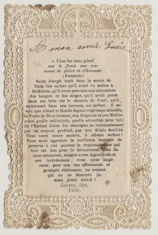 Image pieuse dentelle. La Sainte Famille à Saint Joseph