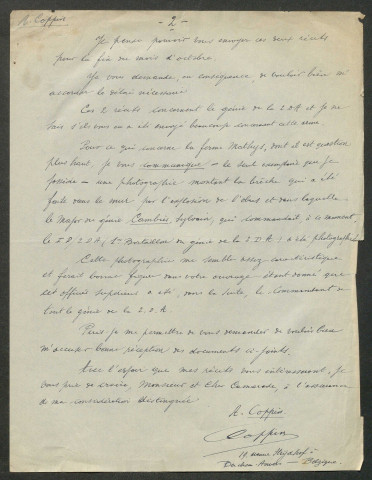 Témoignage de Coppin, Augustin (Pionnier-Pontonnier) et correspondance avec Jacques Péricard