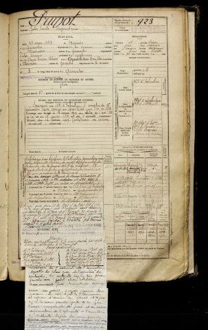 Pruvot, Jules Emile Raymond, né le 31 mars 1883 à Maisnières (Somme), classe 1903, matricule n° 923, Bureau de recrutement d'Abbeville