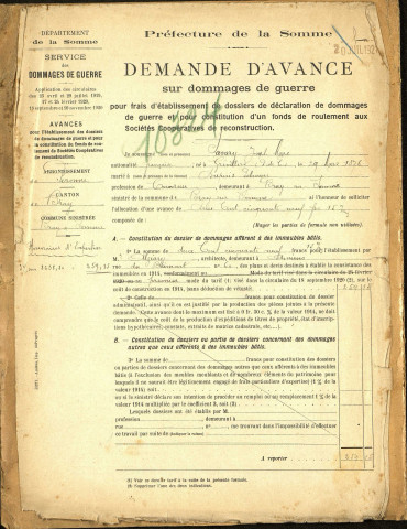 Bray-sur-Somme. Demande d'indemnisation des dommages de guerre : dossier Savary-Dupuis Joseph