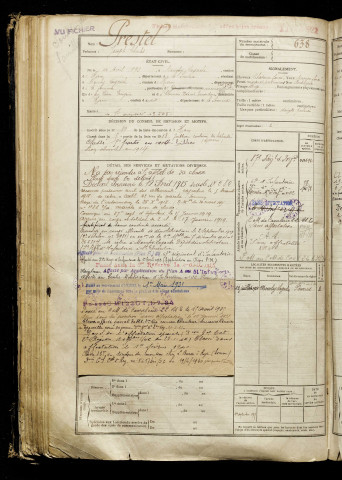 Prestel, Joseph Charles, né le 21 avril 1893 à Monchy-Lagache (Somme), classe 1913, matricule n° 638, Bureau de recrutement de Péronne