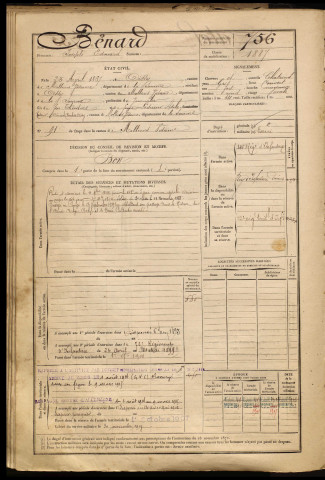 Bénard, Joseph Edouard, né le 25 avril 1867 à Oissy (Somme), classe 1887, matricule n° 756, Bureau de recrutement d'Amiens