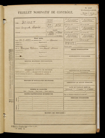Boiget, Auguste Léopold, né le 29 mai 1893 à Vervins (Aisne), classe 1913, matricule n° 826, Bureau de recrutement d'Amiens
