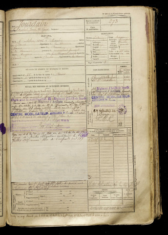 Jourdain, Michel Jean Wilfrid, né le 08 octobre 1896 à Cachy (Somme), classe 1916, matricule n° 273, Bureau de recrutement d'Amiens
