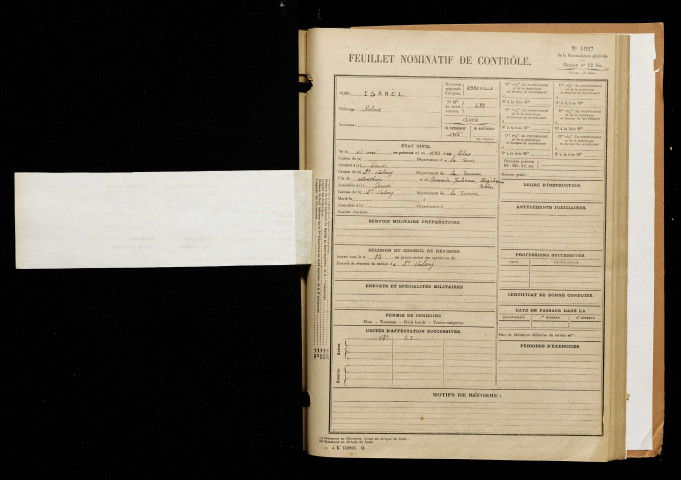 Israël, Robert, né le 15 mai 1893 à Lilas (Les) (Seine-Saint-Denis), classe 1913, matricule n° 689, Bureau de recrutement d'Abbeville