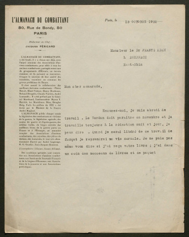 Témoignage de Adam, Frantz (Médecin aide-major) et correspondance avec Jacques Péricard