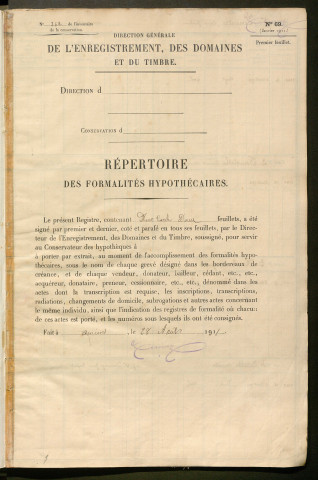 Répertoire des formalités hypothécaires, du 03/08/1912 au 03/03/1913, registre n° 362 (Péronne)