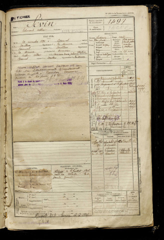 Sévin, Edmond Arthur, né le 20 novembre 1896 à Beauval (Somme), classe 1916, matricule n° 1497, Bureau de recrutement d'Abbeville