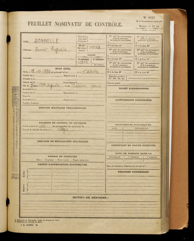 Bonnelle, Ernest Auguste, né le 18 octobre 1893 à Échelle-Saint-Aurin (L') (Somme), classe 1913, matricule n° 1139, Bureau de recrutement de Péronne
