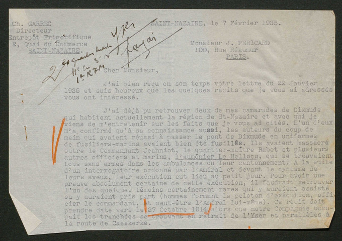 Témoignage de Garrec, Charles (Quartier Maître fourrier) et correspondance avec Jacques Péricard