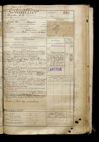 Thuillier, Augustin Emile, né le 13 avril 1890 à Miraumont (Somme), classe 1910, matricule n° 931, Bureau de recrutement de Péronne