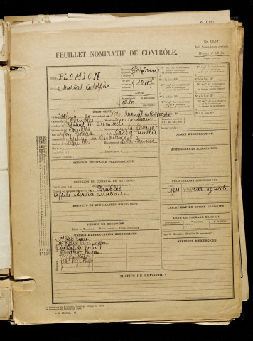 Plomion, Martial Adolphe, né le 24 juin 1890 à Mesnil-en-Arrouaise (Somme), classe 1910, matricule n° 1047, Bureau de recrutement de Péronne