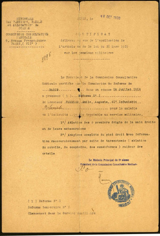 Certificat délivré à Emile Auguste Perrier, soldat au 41e Régiment d'Infanterie Coloniale, en vue de l'application de l'article 64 de la loi du 31 mars 1919 sur les pensions militaires