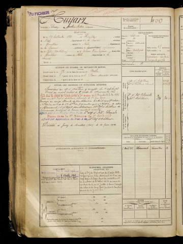 Huyart, Félicien Gustave Désiré, né le 13 septembre 1893 à Hombleux (Somme), classe 1913, matricule n° 400, Bureau de recrutement de Péronne