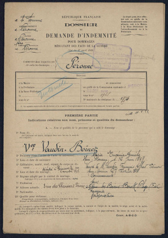 Péronne. Demande d'indemnisation des dommages de guerre : dossier Vaudin-Boinet