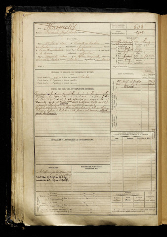 Hamelet, Raimond Joseph Charles, né le 01 février 1897 à Lamotte-Warfusée (Somme), classe 1917, matricule n° 608, Bureau de recrutement d'Amiens