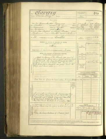 Savary, Charles Henri, né le 30 novembre 1860 à Equancourt (Somme, France), classe 1880, matricule n° 314, Bureau de recrutement de Péronne