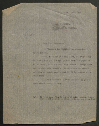 Témoignage de Auriel, L. G. (Sergent) et correspondance avec Jacques Péricard