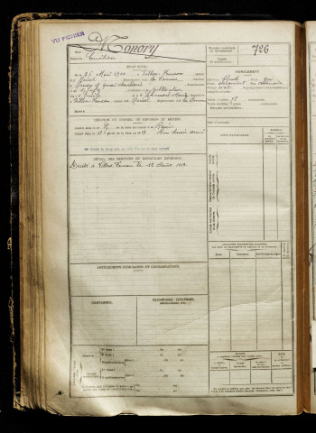 Monory, Emilien, né le 26 mai 1900 à Villers-Faucon (Somme), classe 1920, matricule n° 726, Bureau de recrutement de Péronne