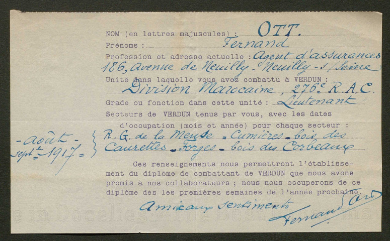 Témoignage de Ott, Fernand (Lieutenant) et correspondance avec Jacques Péricard