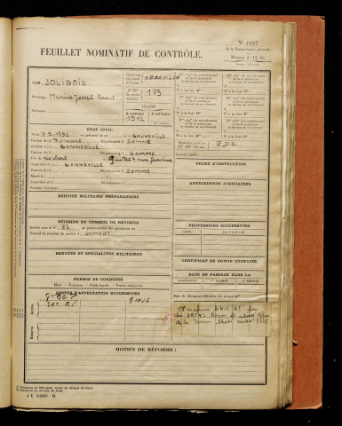 Jolibois, Marius Joseph Raoul, né le 07 septembre 1892 à Bonneville (Somme), classe 1912, matricule n° 175, Bureau de recrutement d'Abbeville