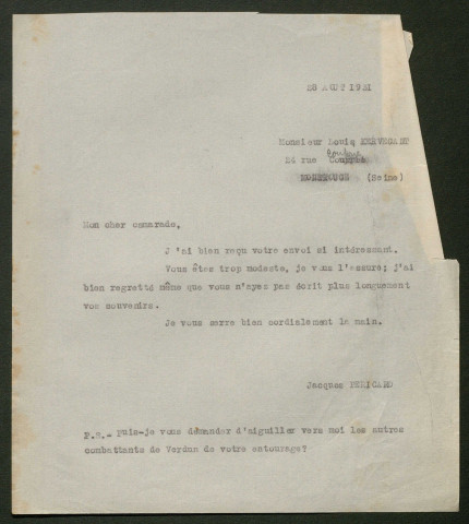 Témoignage de Kervegant, Louis et correspondance avec Jacques Péricard