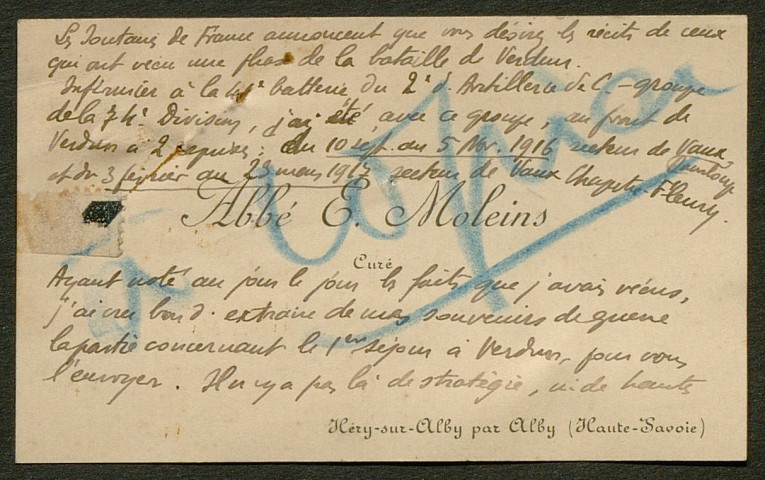 Témoignage de Moleins, E. (Infirmier brancardier - Abbé) et correspondance avec Jacques Péricard