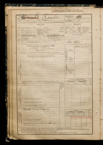 Raoult, Fernand François Pierre, né le 27 août 1871 à Lille (Nord), classe 1891, matricule n° 186, Bureau de recrutement d'Amiens