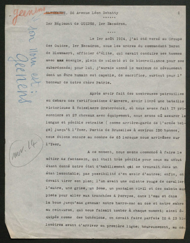 Témoignage de Geenens, O. et correspondance avec Jacques Péricard