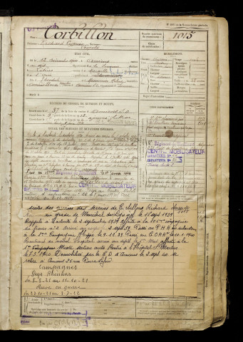 Corbillon, Richard Cyprien Léopold, né le 12 décembre 1900 à Amiens (Somme), classe 1920, matricule n° 1015, Bureau de recrutement d'Amiens