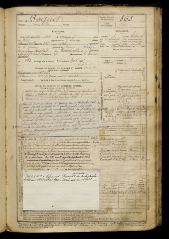 Boquet, Louis Elie, né le 12 janvier 1884 à Amiens (Somme), classe 1904, matricule n° 865, Bureau de recrutement d'Amiens