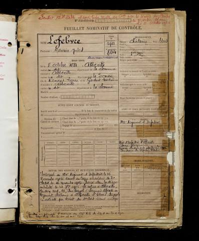Lefebvre, Maurice Jules, né le 08 octobre 1881 à Abbeville (Somme), classe 1901, matricule n° 804, Bureau de recrutement d'Abbeville