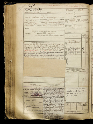 Proisy, Maurice Joseph, né le 11 septembre 1896 à Marcoing (Nord), classe 1916, matricule n° 218, Bureau de recrutement de Péronne
