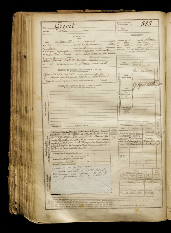 Grevet, Arthur, né le 26 juin 1881 à Amiens (Somme), classe 1901, matricule n° 888, Bureau de recrutement d'Amiens