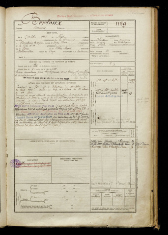 Bertoux, Bernard, né le 05 octobre 1896 à Nesle (Somme), classe 1916, matricule n° 1129, Bureau de recrutement de Péronne