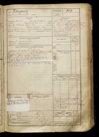 Vacquez, Fernand Jean Baptiste, né le 27 juillet 1889 à Morvillers-Saint-Saturnin (Somme), classe 1909, matricule n° 747, Bureau de recrutement d'Amiens