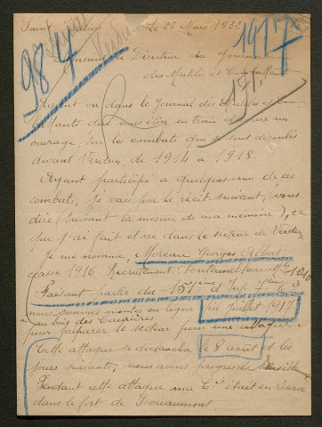 Témoignage de Moreau, Georges et correspondance avec Jacques Péricard