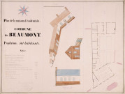 Beaumont-Hamel. Plan d'ensemble figurant l'église et les bâtiments scolaires : plan de la maison d'école mixte et du logement de l'instituteur, vue en perspective de l'étable