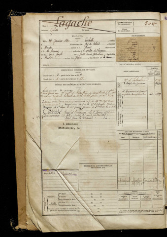 Lagache, Jules, né le 24 janvier 1890 à Léchelle (Pas-de-Calais), classe 1910, matricule n° 504, Bureau de recrutement de Péronne