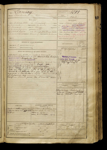 Lansoy, Paul Emile, né le 23 février 1888 à Senarpont (Somme), classe 1908, matricule n° 1285, Bureau de recrutement d'Amiens